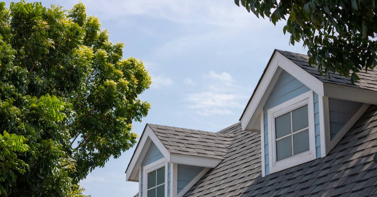 A light blue, shiplap-sided home with grey shingles. A bright blue sky and large mature trees fill the background.