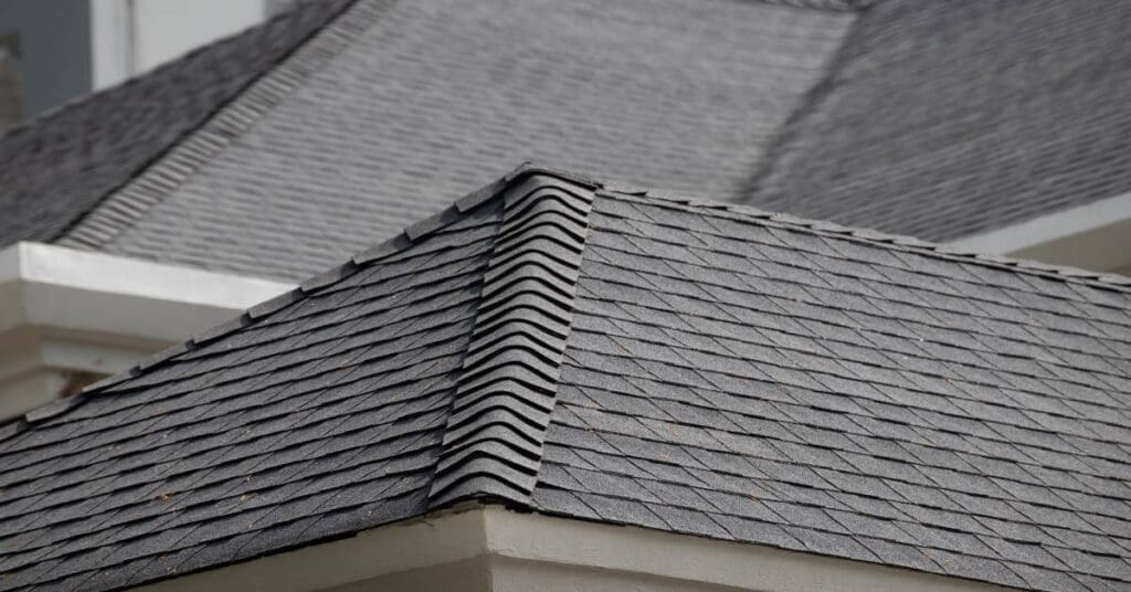 A roof with dark shingles and multiple levels receives the light of the sun. White gutters can be seen below the edges.