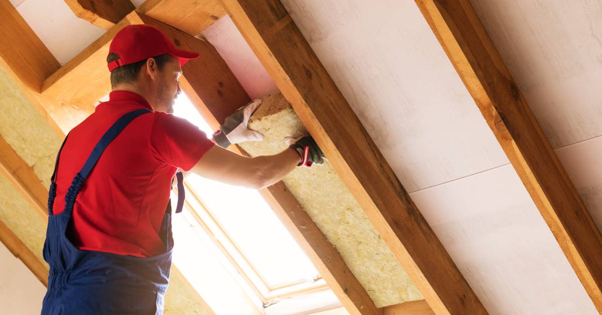 A man in an orange shirt and navy overalls unfurls insulation in the roof of an attic as sunlight streams through the window.