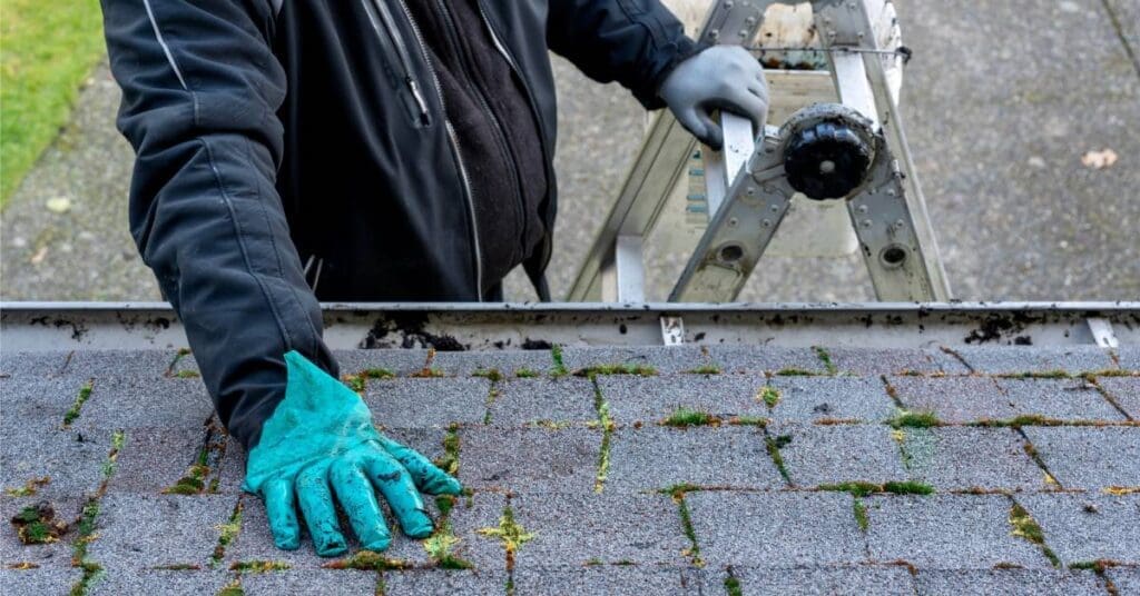 A man in a thick jacket stands on a ladder and lays a latex-gloved hand over the asphalt shingles of a roof.