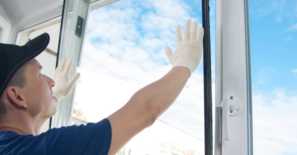 A man wearing white gloves and a black hat pushes the glass pane of a window forward to secure it in the frame.