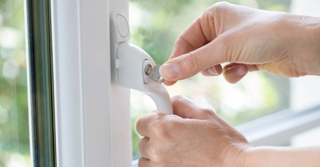 A person's hand turns a small metal key in the lock of a windows latch in the middle of its white frame.