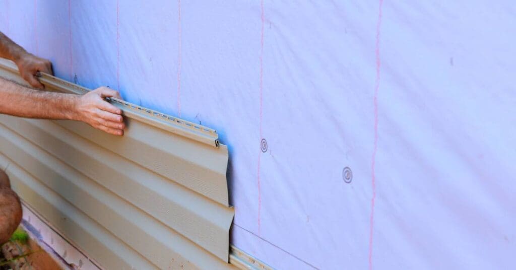 A man placing vinyl siding on the side of a home with a blue covering. Each slat interlocks with the previous slot.