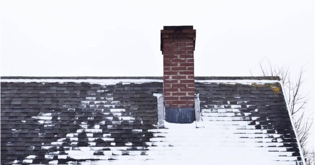 A roof with dark shingles and a brick chimney covered with a patch of snow. There is a cloudy sky in the background.