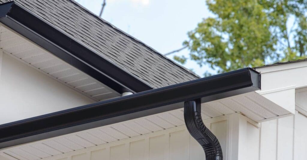 The corner of a house with black, metal gutters. A perpendicular side of the roof containing asphalt shingles is behind it.