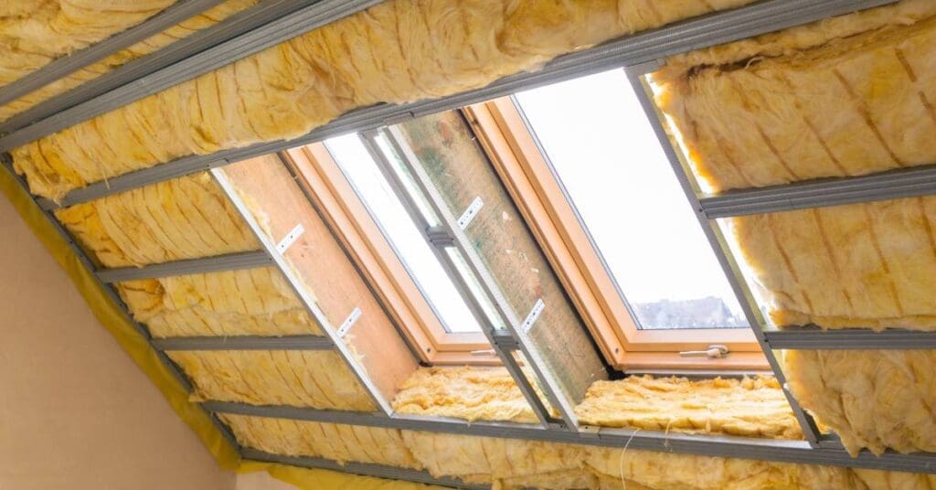 An attic with the insulation exposed as it is held up with metal bars. Two windows lay parallel in the middle of the wall.