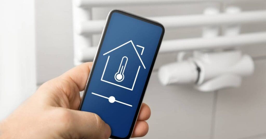 A person holding a smartphones that shows an image of an icon that looks like a house with a thermometer in the center.