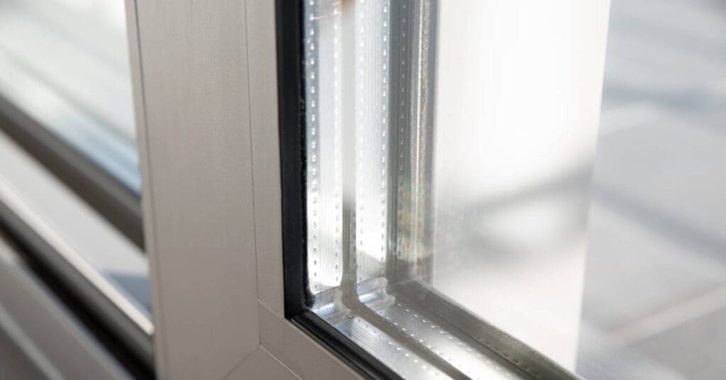 The corner of a window with light from the outside creating a glare on the metal frames that hold the double layer of glass.