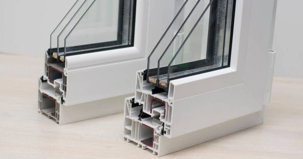 Two cross sections of a double-glazed window that allow a view of the interior layers and materials of the structure.