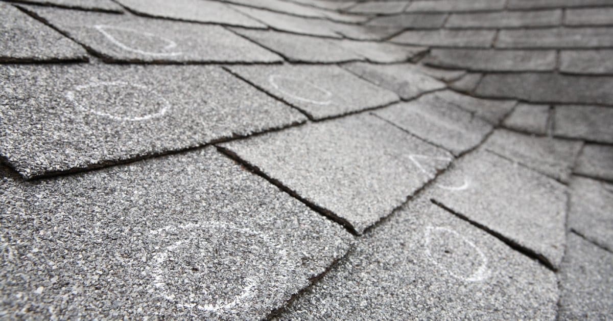 The top of a roof with black asphalt shingles and numerous drawn circles on the surface to point out damaged areas.