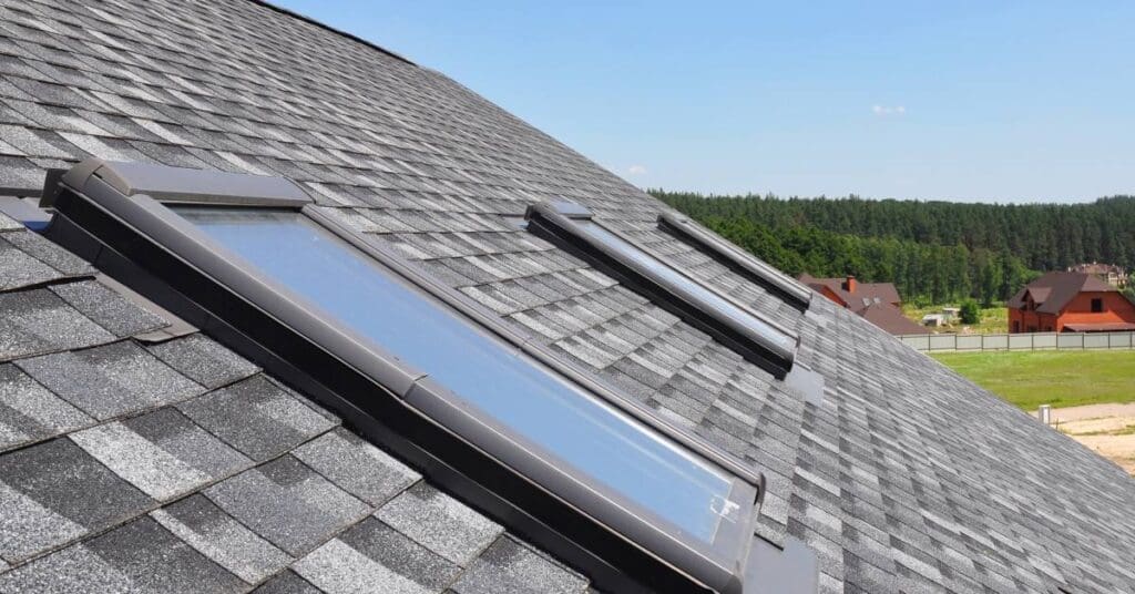 A roof has dark gray asphalt shingles and three rectangular skylights. Houses and a forest are in the distance.