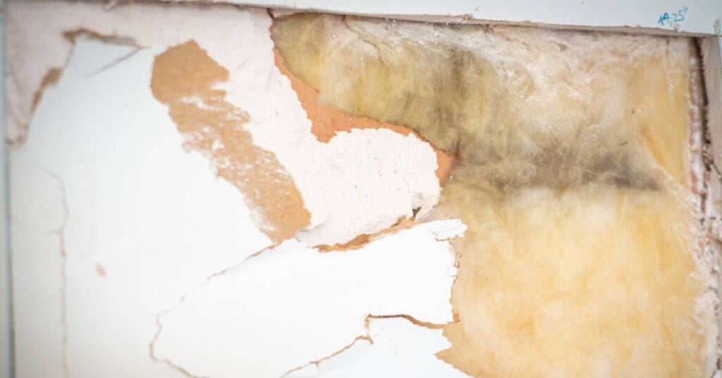 A crumbling wall with part of the insulation beneath the drywall revealed. Black mold spreads across the insulation.
