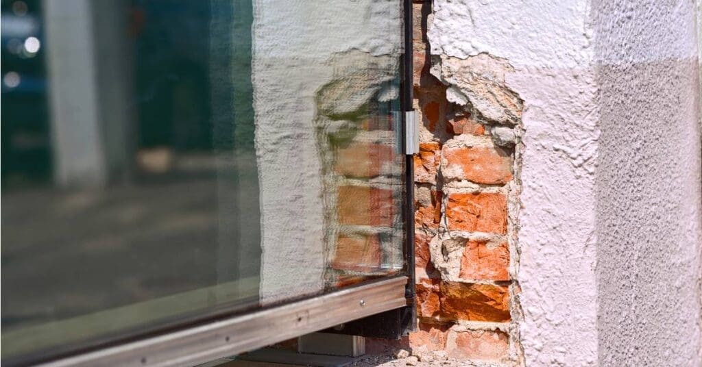 A misaligned window placed within a brick wall has a large gap underneath it with pieces of metal showing underneath the frame.