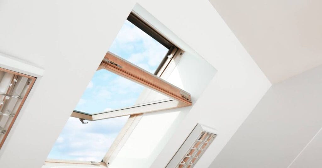 An open skylight with a wooden window frame reveals a blue sky from the inside of a room with white walls and slanted ceilings.