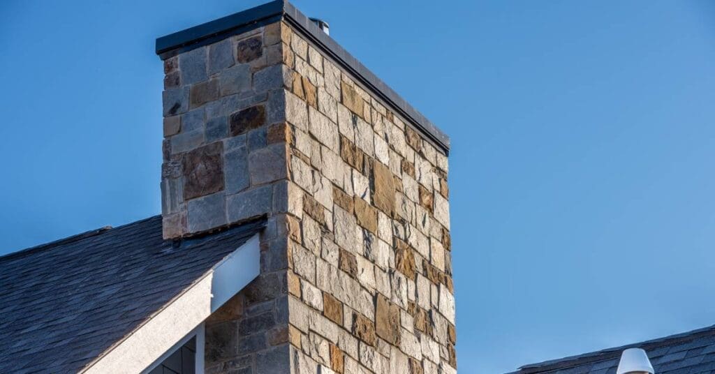 A roof with black asphalt shingles and a masonry chimney made of beige and brown bricks of varying sizes.