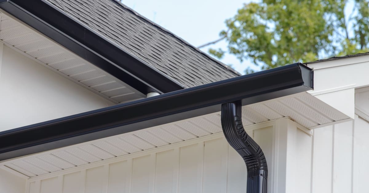 A black box gutter connects to a black downpipe with a curved bend. The gutter matches the black shingles on the roof.