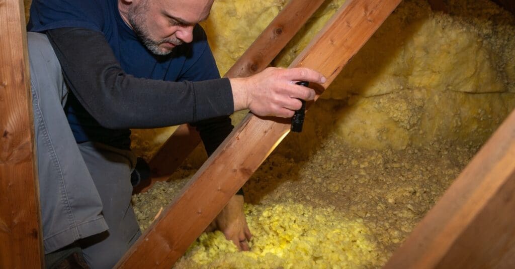 A man holds a pocket-sized flashlight while examining yellow insulation, touching the discolored material with one hand.