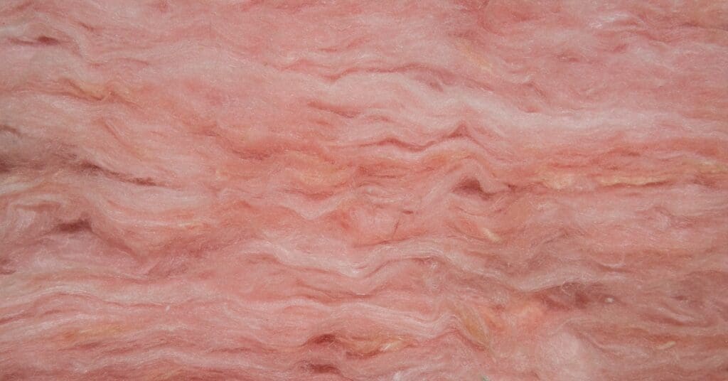 Pink, fluffy fiberglass insulation appears in close-up with clearly visible, layered sections throughout.