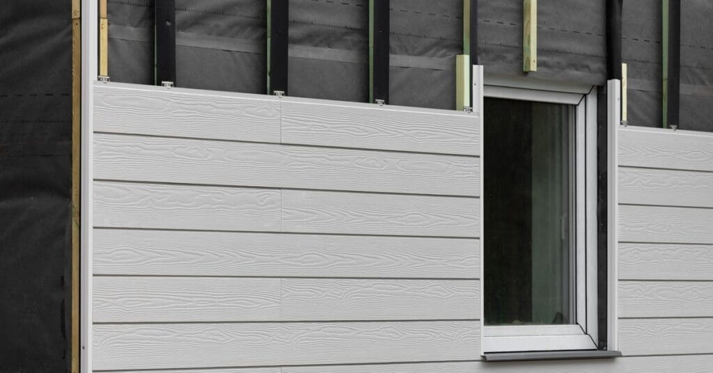 Partially installed gray composite wood-textured siding surrounds a window on a property under construction.