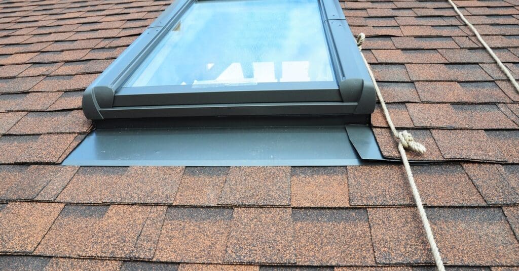 Bent metal flashing sits beneath a skylight framed by brown shingles, with rope visible coming down from the roof ridge.