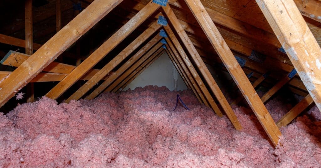 Pink loose-fill fiberglass insulation covers the floor beneath wooden beams in a softly lit enclosed space.