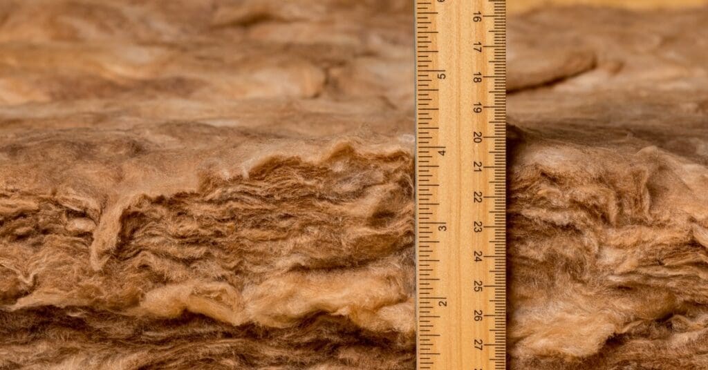 A wooden ruler rests against brown fiberglass insulation, showing a measured depth of around four inches.