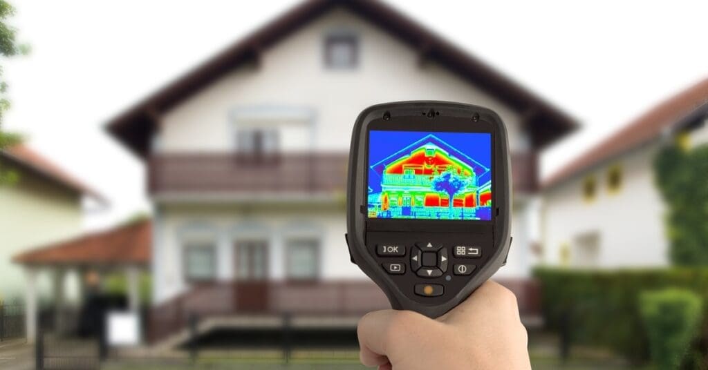 A person holds a thermal scanner that displays red heat spots near the attic and first floor of a house.