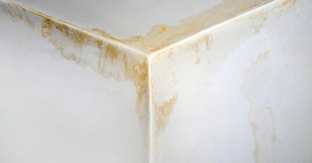 Yellow stains appear on the white walls and ceiling where the two walls and the ceiling meet in a corner.