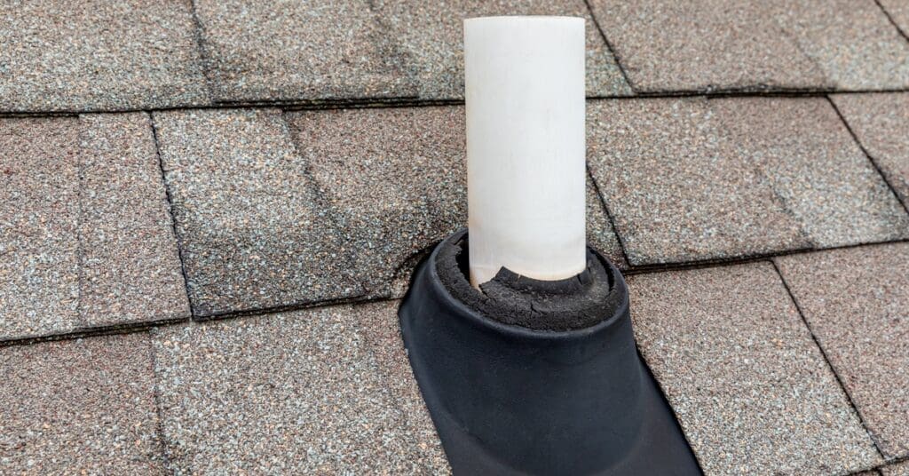 A white vent pipe with a black flashing boot cutting through faded red shingles marked with dark spots and wear.