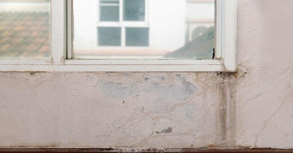 The interior view of a home's window has signs of water damage. The wall around the window frame is deteriorating.