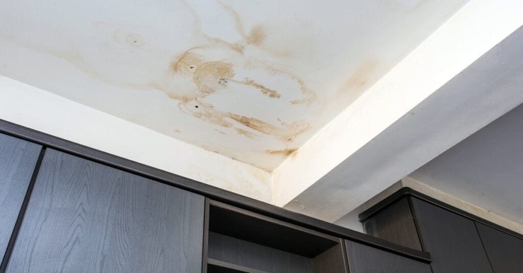 The ceiling of a home has dark and light brown water spots that indicate a leak somewhere in the home's roof.