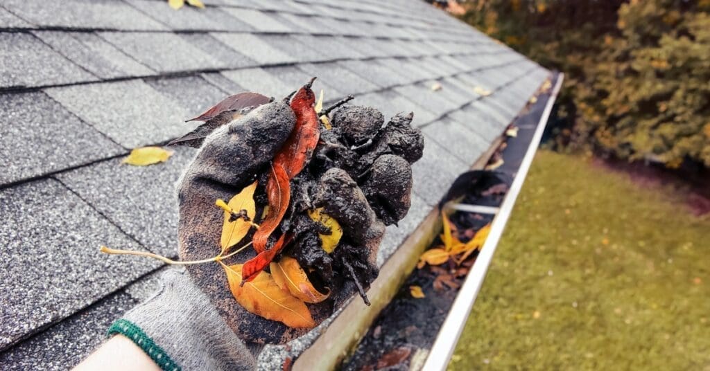 A hand wearing a gray glove grips black debris and leaves that were cleaned from the gutter of a residential home.