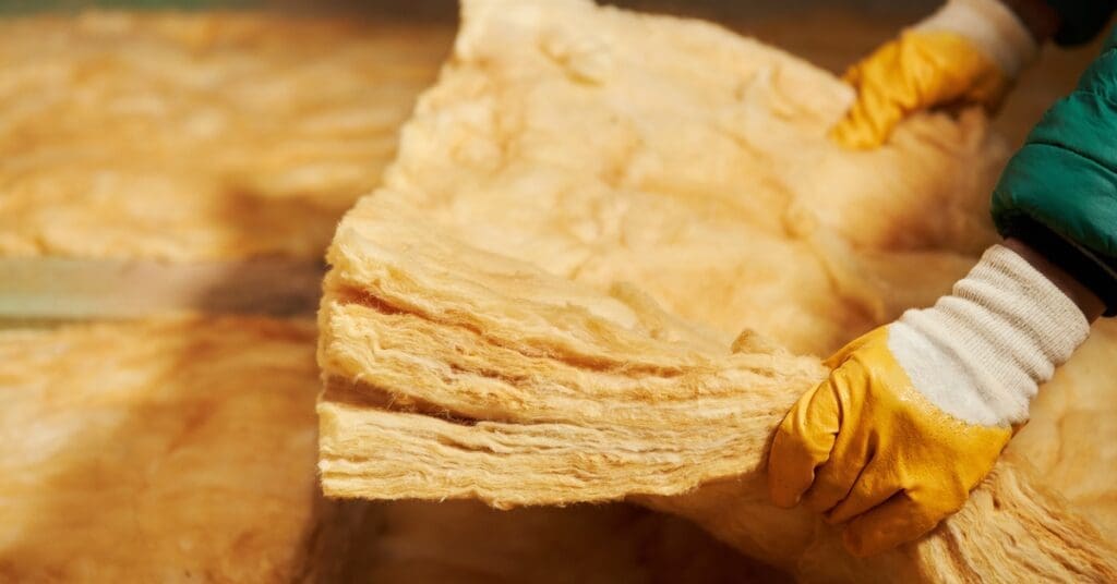 A close-up of two hands wearing yellow and white gloves installs yellow insulation in a residential attic.