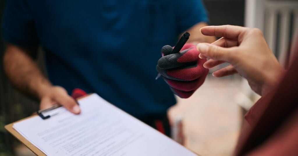 A contractor wearing a navy shirt and a red glove offers a pen to a client to sign a a contract on a clipboard.