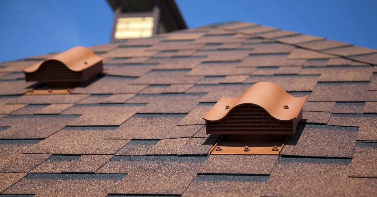 A close-up of a residential roof containing textured asphalt shingles and two terracotta roof vents.