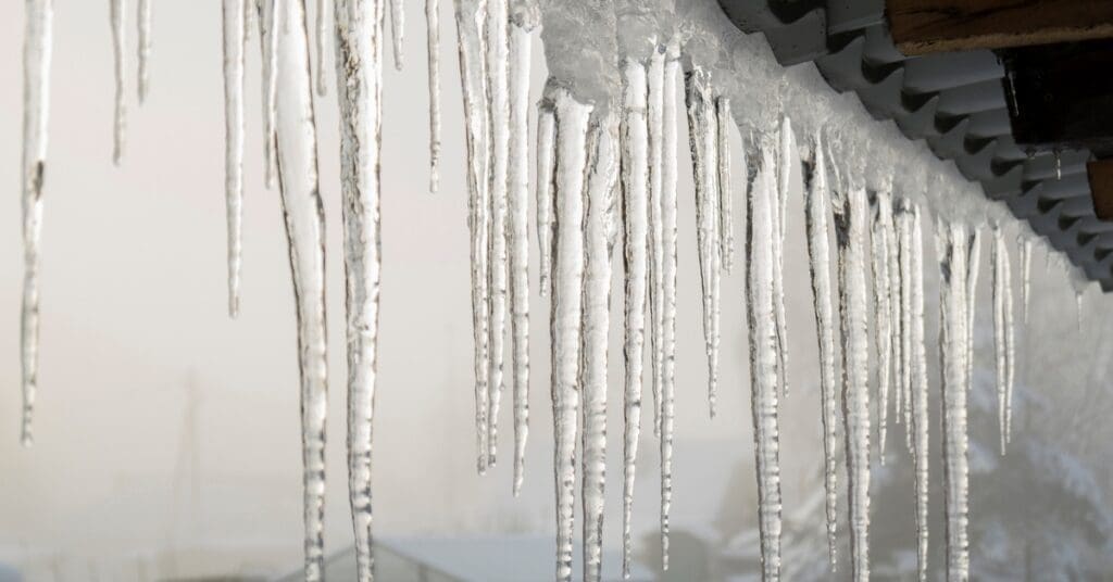A dense row of long, clear icicles hangs from a roof edge, with a blurred snowy background and overcast winter lighting.