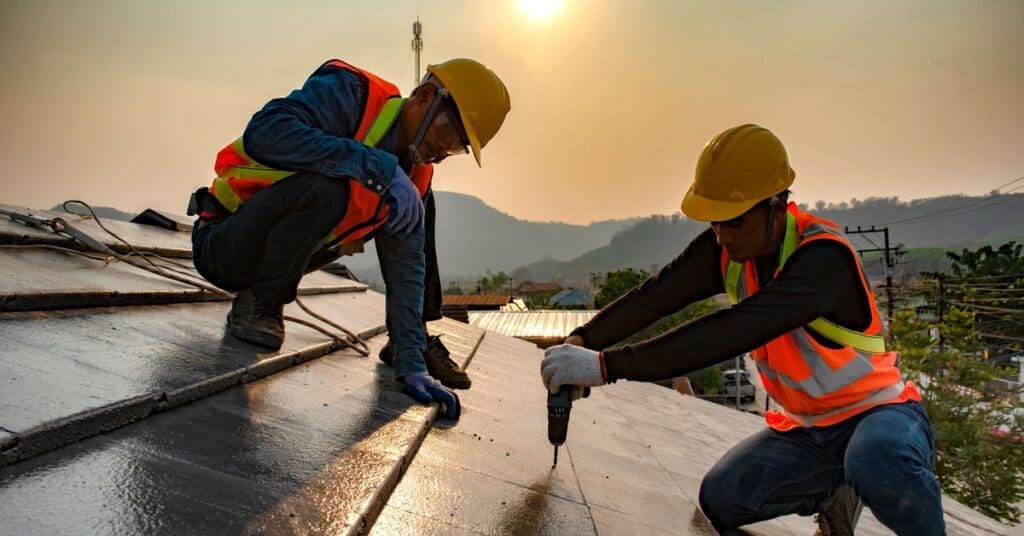 Two roofers wearing safety vests and hard hats kneel on a sloped roof to install synthetic roofing with a drill at sunset.