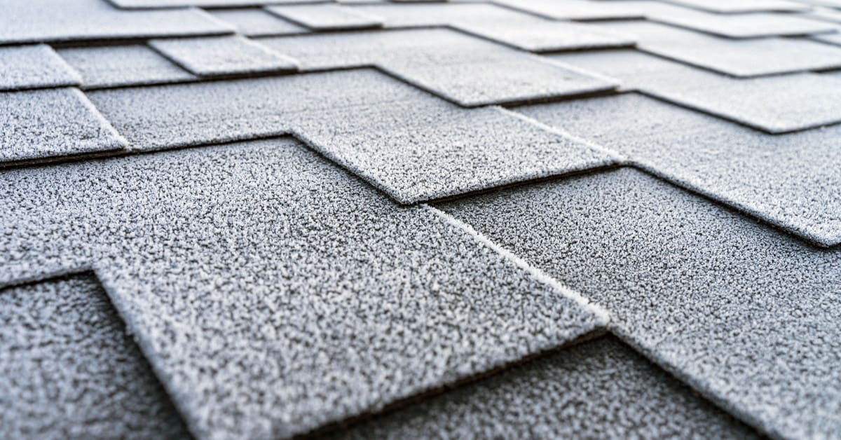 A close-up view of gray asphalt roof shingles layered in staggered rows with textured, granulated surfaces visible.