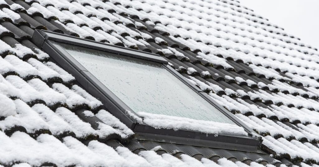 A snow-covered residential roof features a rectangular skylight with frosted glass and snow along the edges.